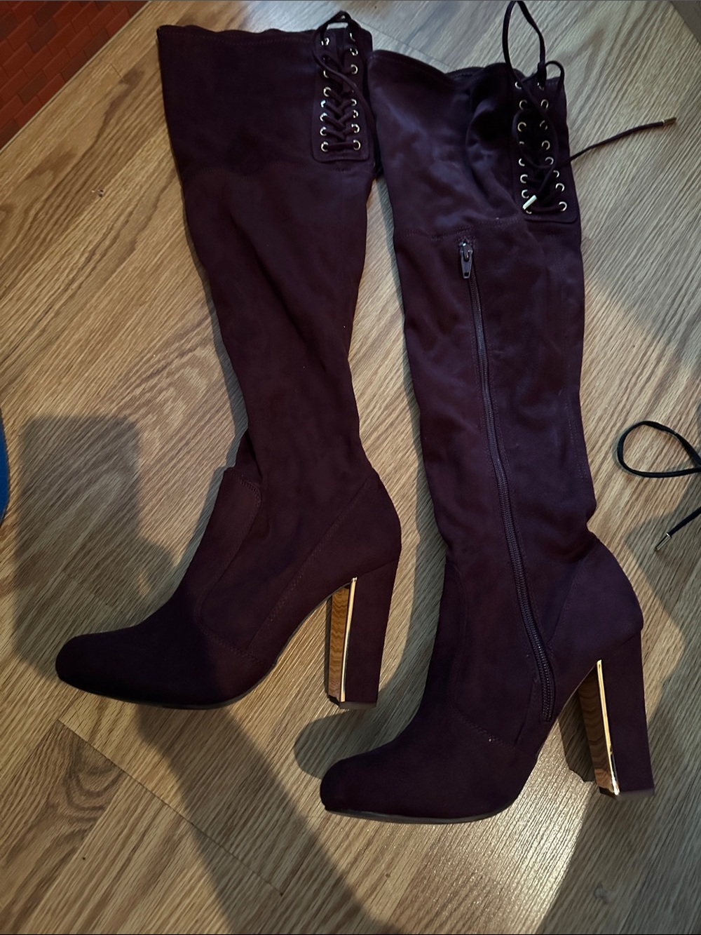 Women’s Over-the-Knee Lace-Up High Heel Boots in Deep Plum
